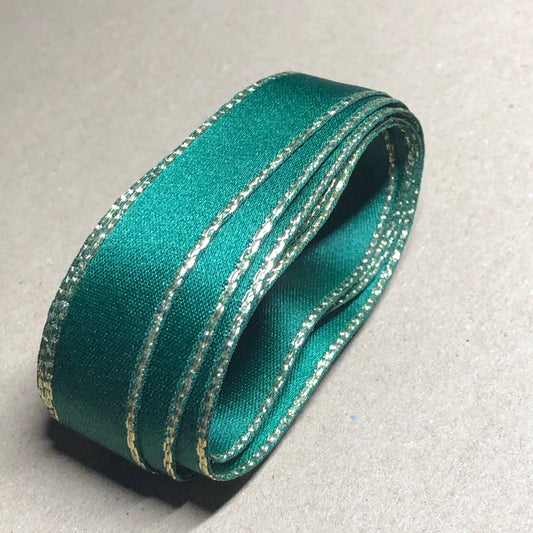 Gold edged forest green satin ribbon 2m