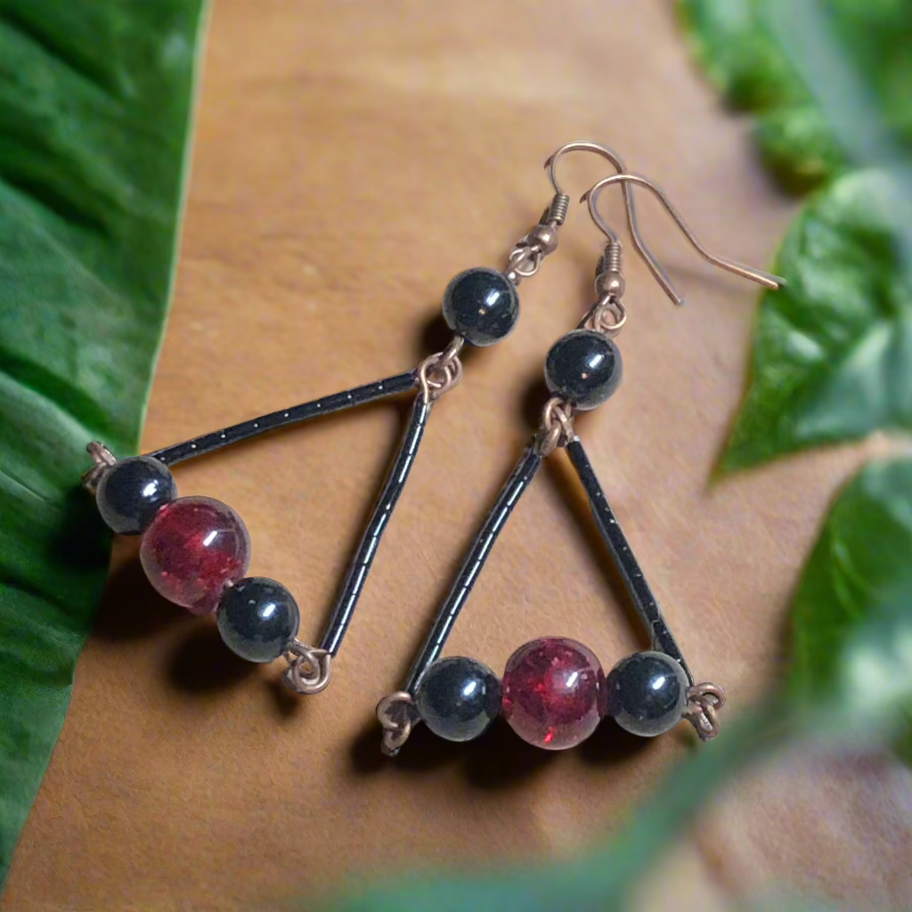 Long red and black chandelier earrings