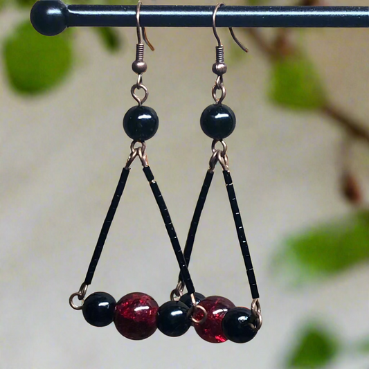 Long red and black chandelier earrings