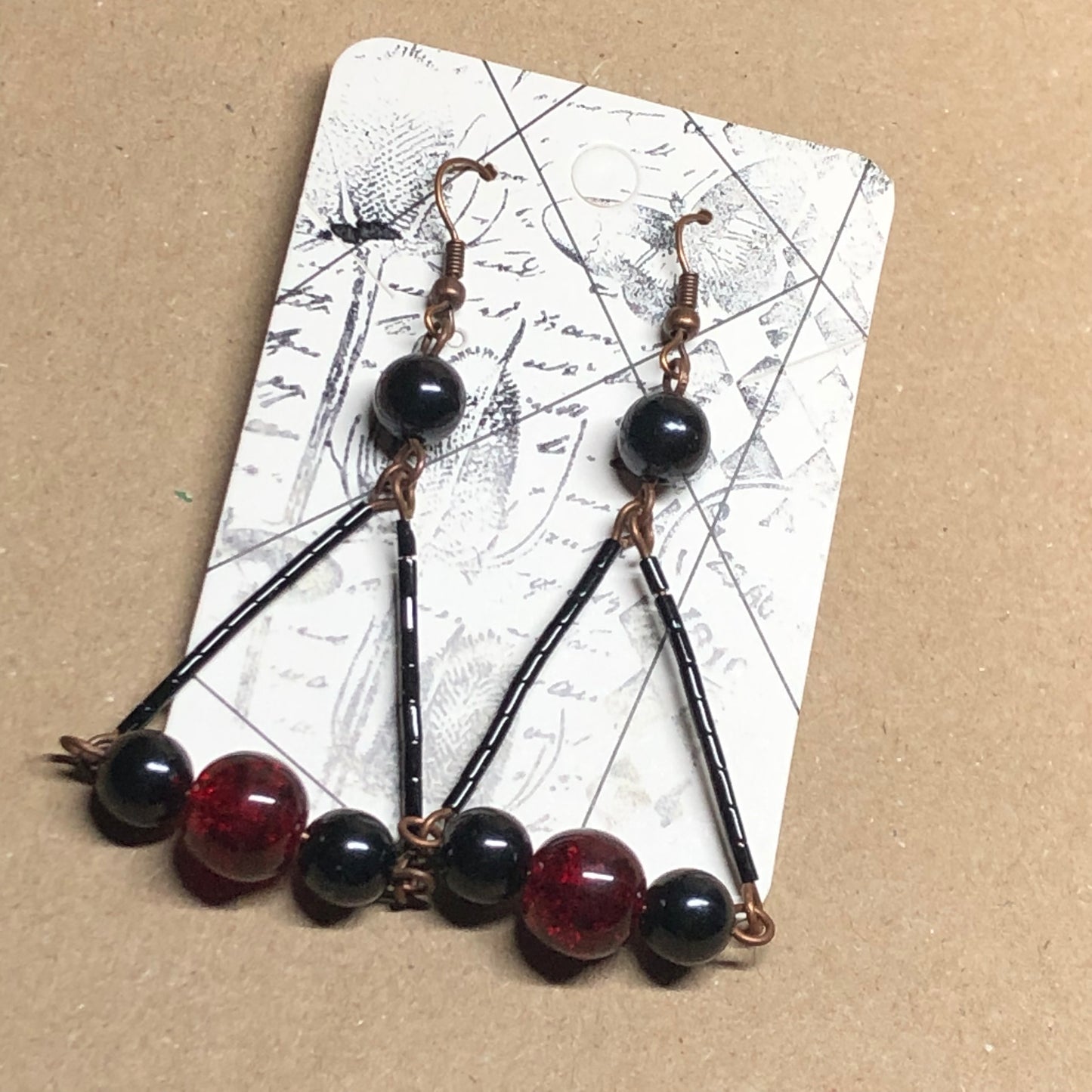 Long red and black chandelier earrings