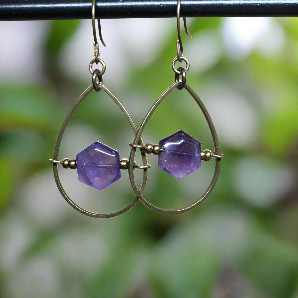 Amethyst hexagon bronze hoop earrings