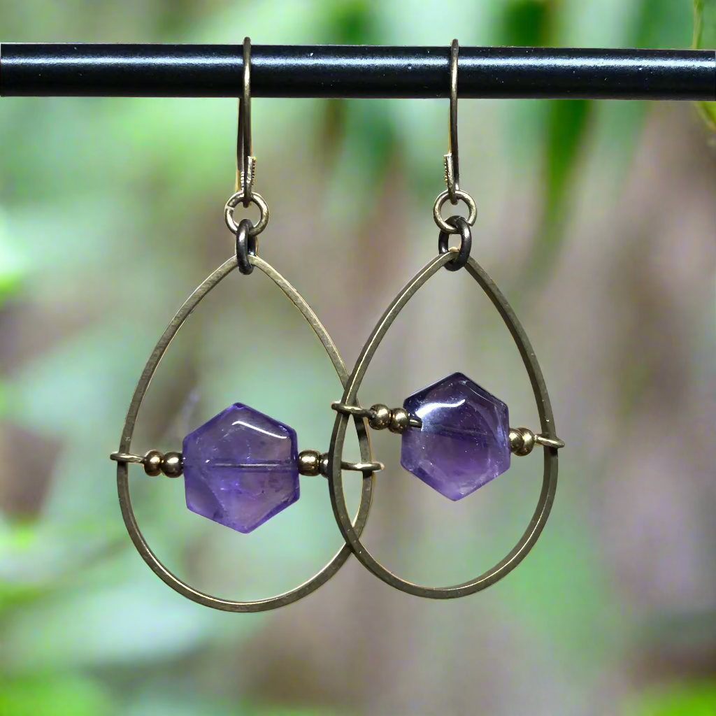 Amethyst hexagon bronze hoop earrings