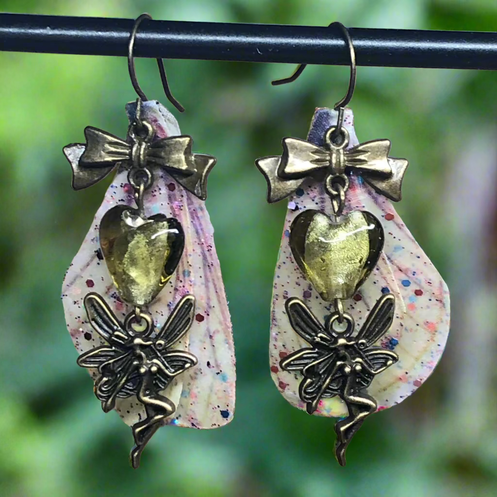 Bronze fairy wing earrings with olive hearts