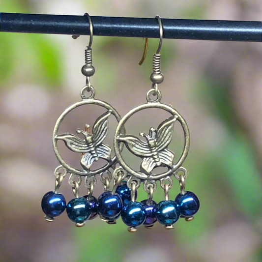 Lyra - Butterfly and glass bead hoop charm earrings