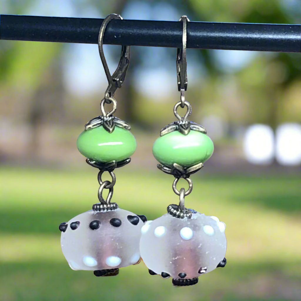 Lime green lampwork bead earrings