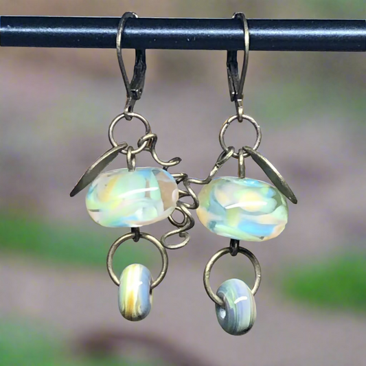 Green stripe lampwork bead earrings