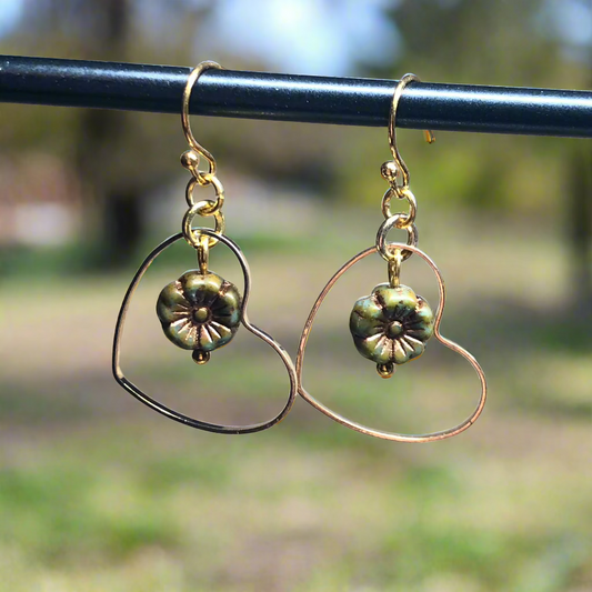 Gold heart hoop flower earrings