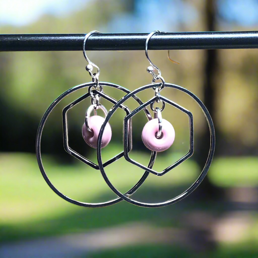 Pink glass and silver hexagon hoop earrings