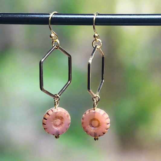 Sun dappled peach hexagon hoop earrings