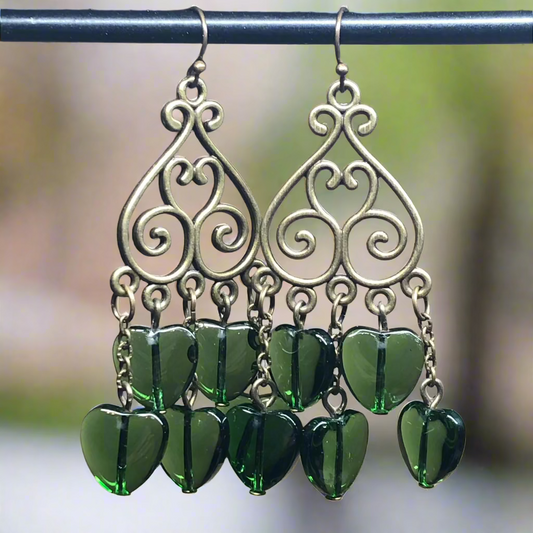 Glasgow - Green glass heart chandelier earrings