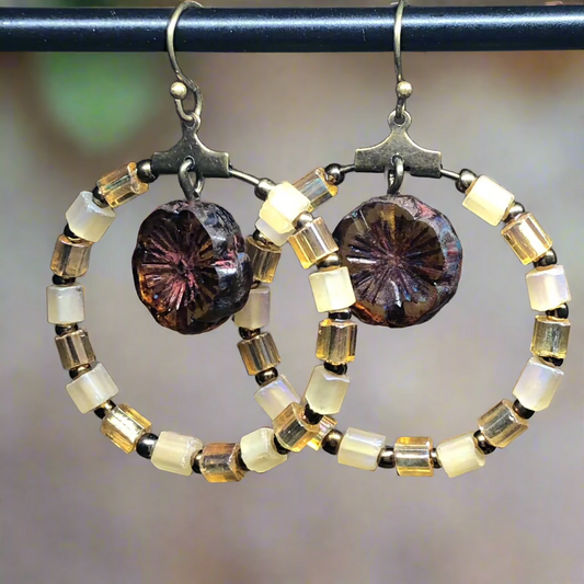 Jasmine - Yellow glass hoop earrings with Amber Czech glass flowers