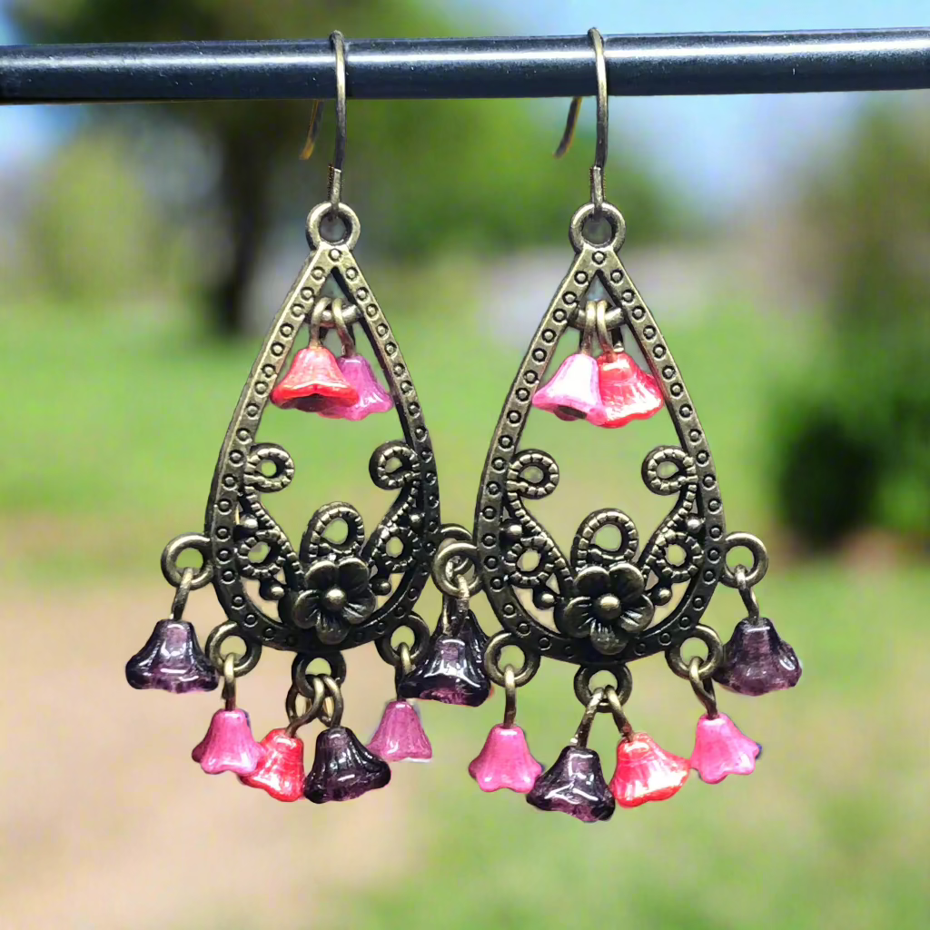 Cambridge - Pink Czech glass flower chandelier earrings