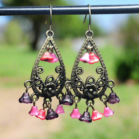 Cambridge - Pink Czech glass flower chandelier earrings