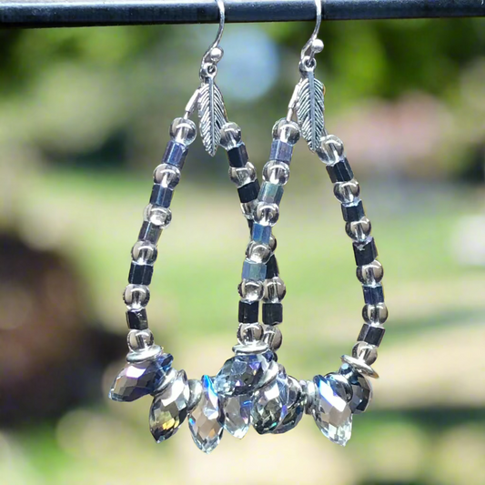 Gabriella - Crystal teardrop hoop earrings with feathers charms