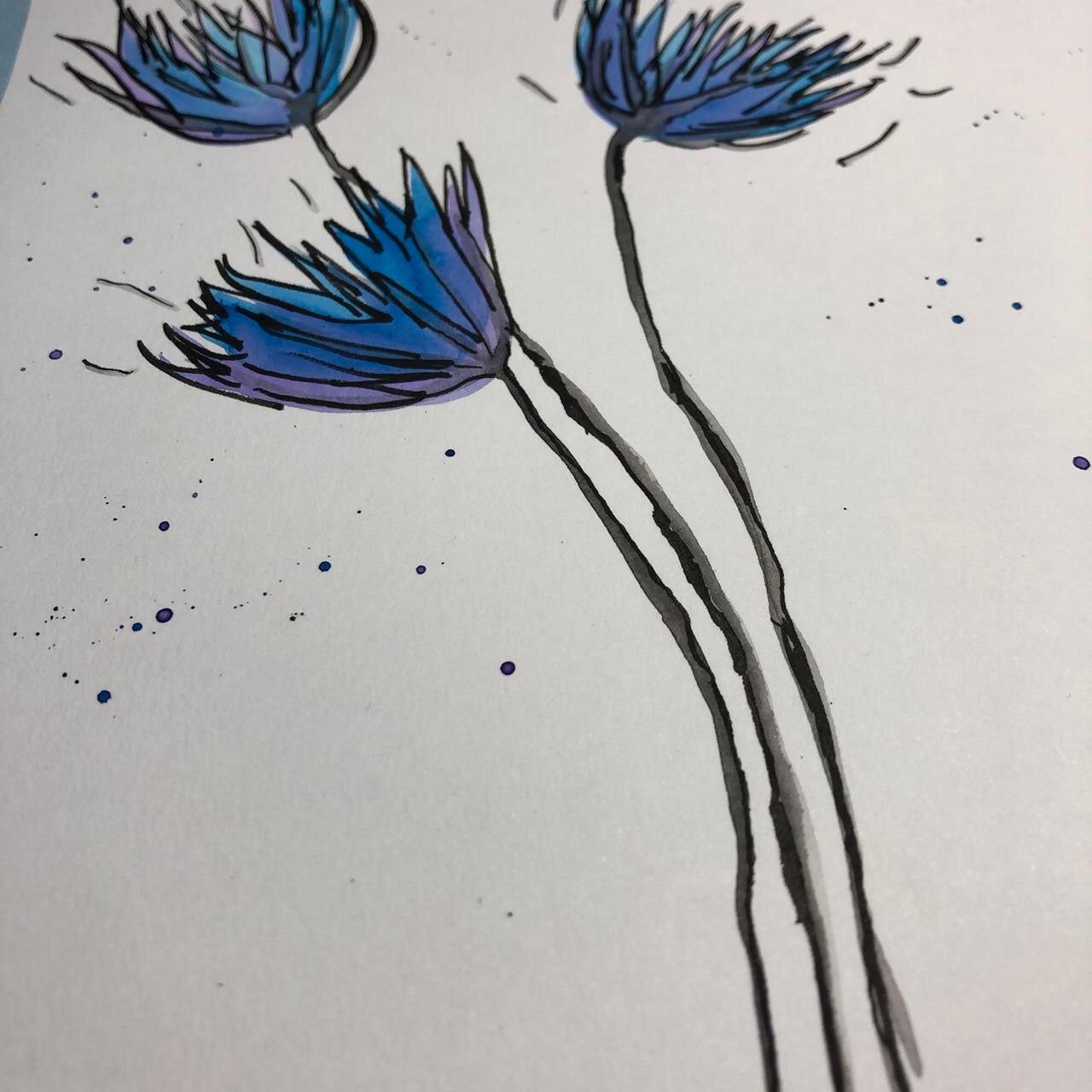 Blue spiky flower watercolour birthday card