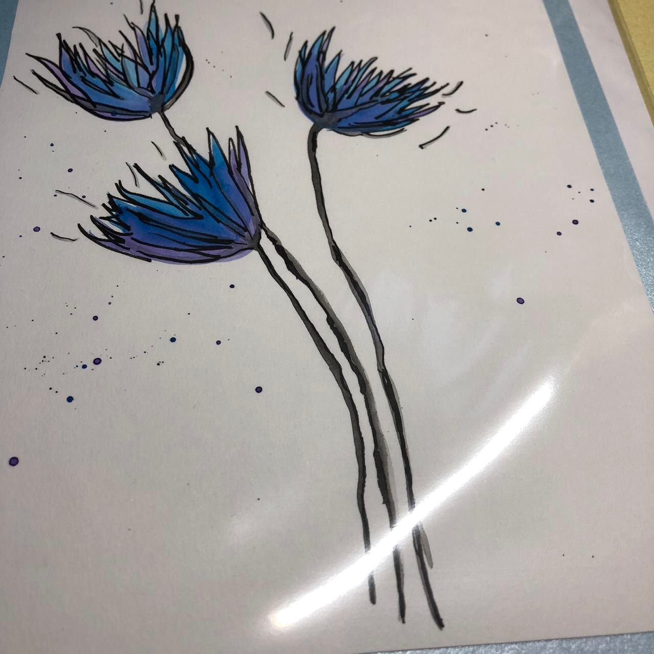 Blue spiky flower watercolour birthday card