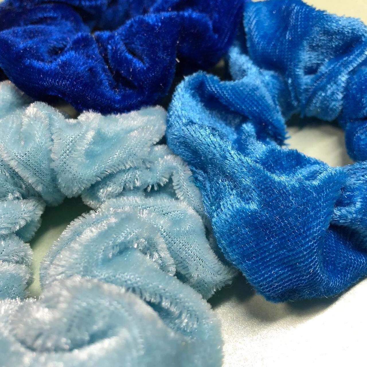 Three blue velvet handmade hair scrunchies