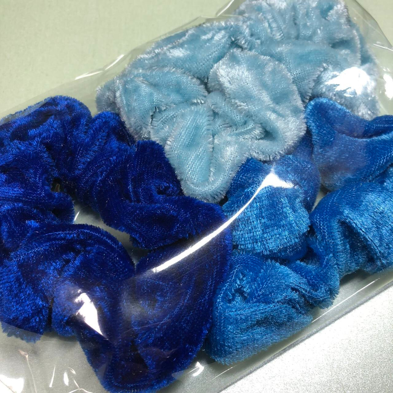 Three blue velvet handmade hair scrunchies