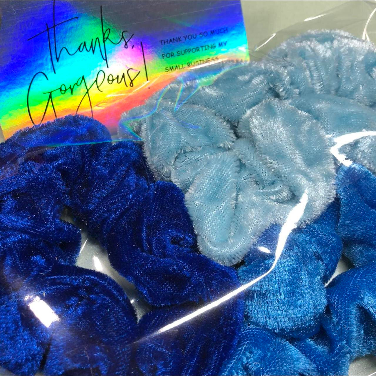 Three blue velvet handmade hair scrunchies