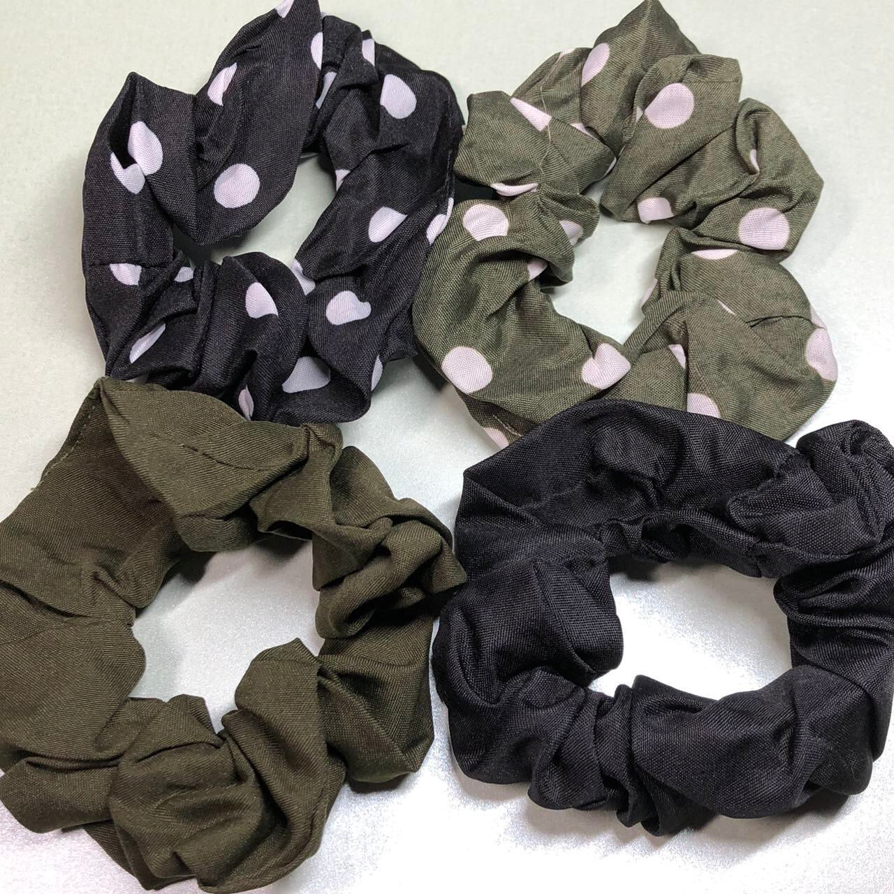 Four plain dotty handmade hair scrunchies