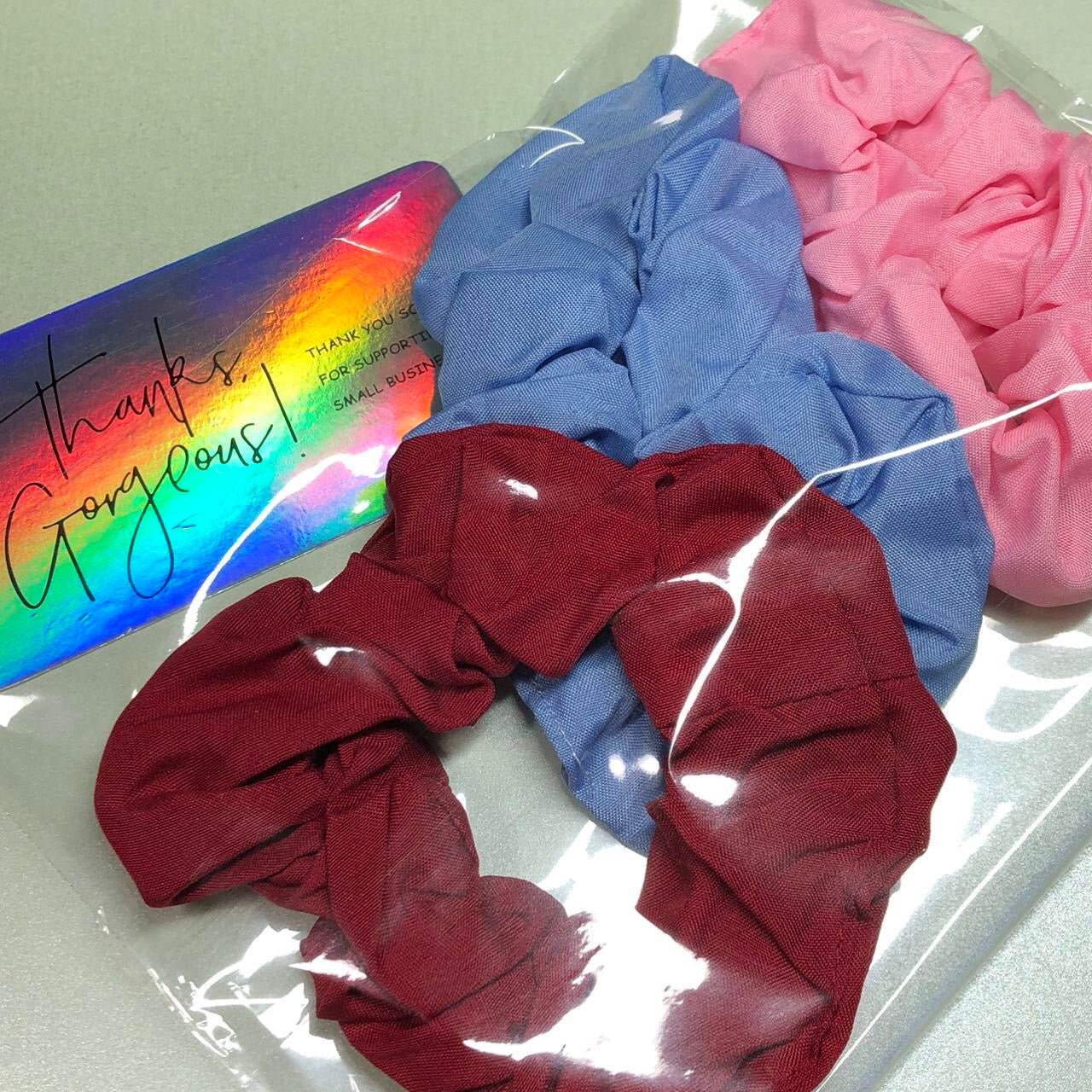 Red pink blue hair scrunchie set