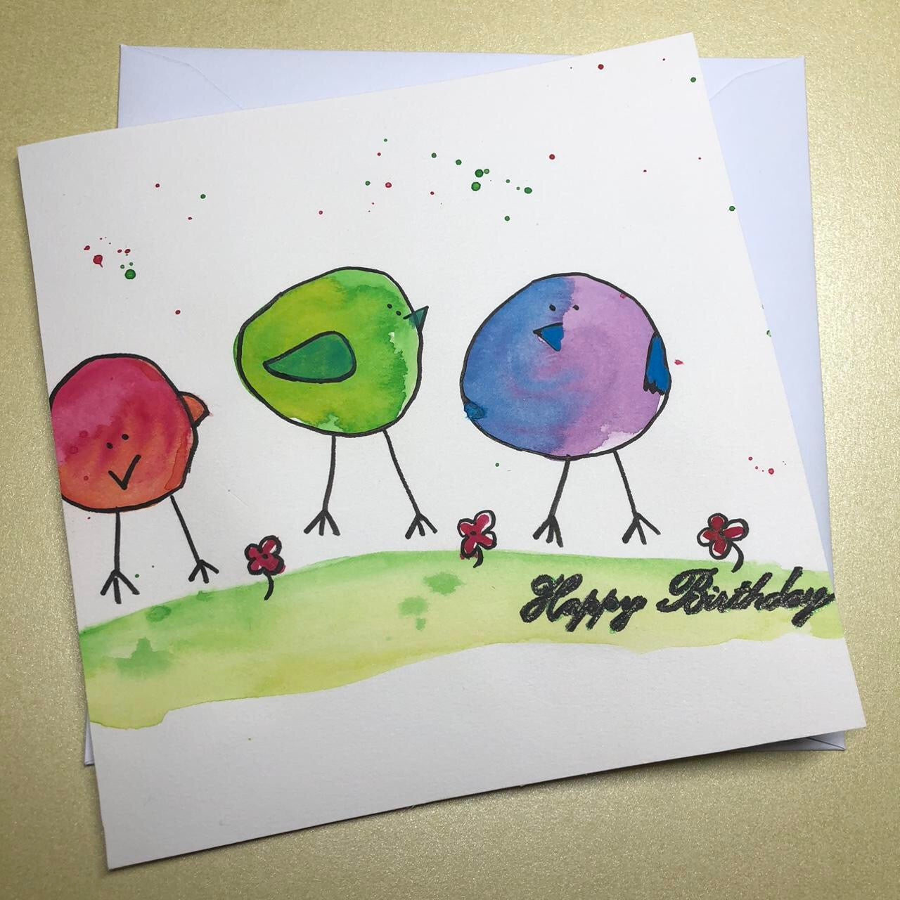 Round bird watercolour birthday card