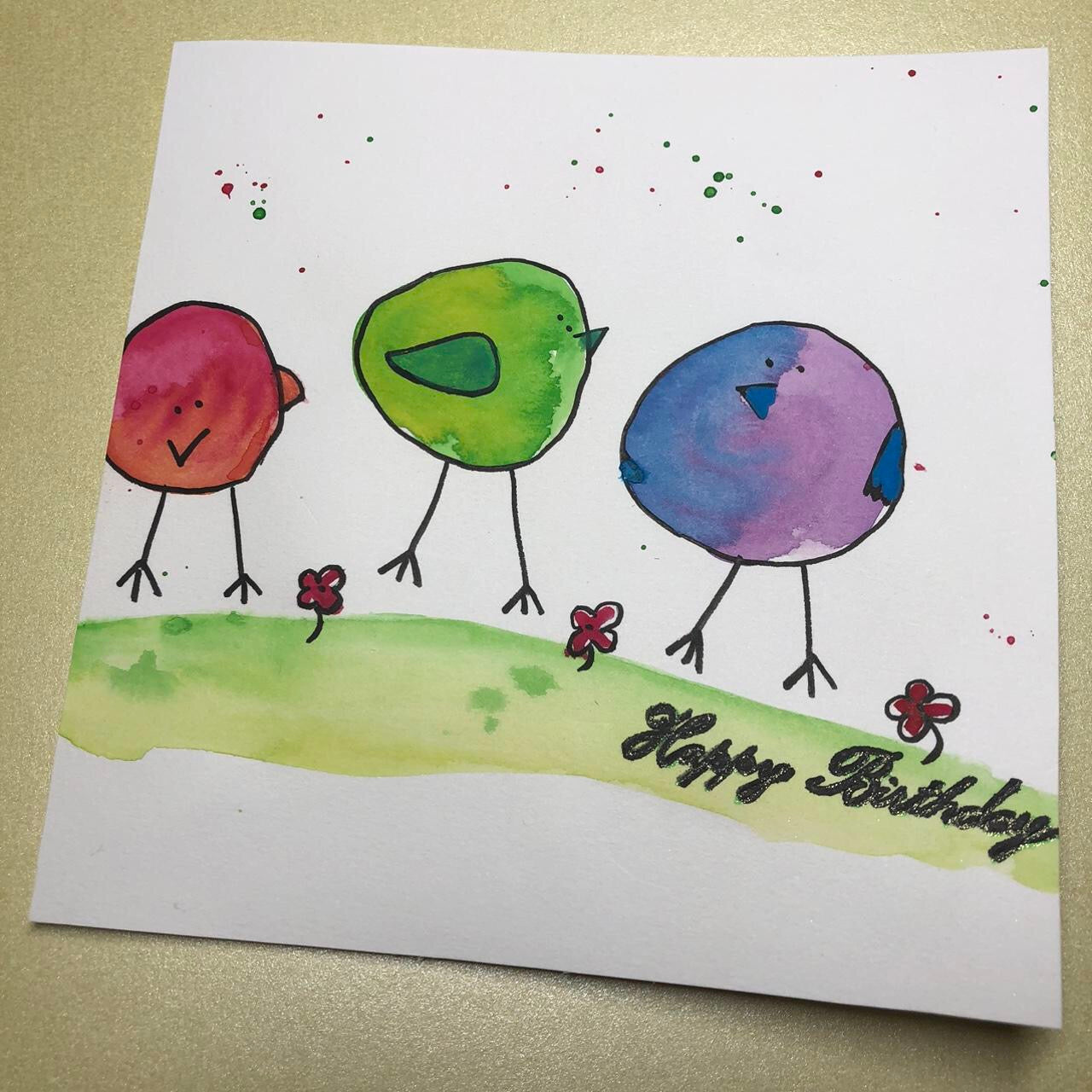 Round bird watercolour birthday card