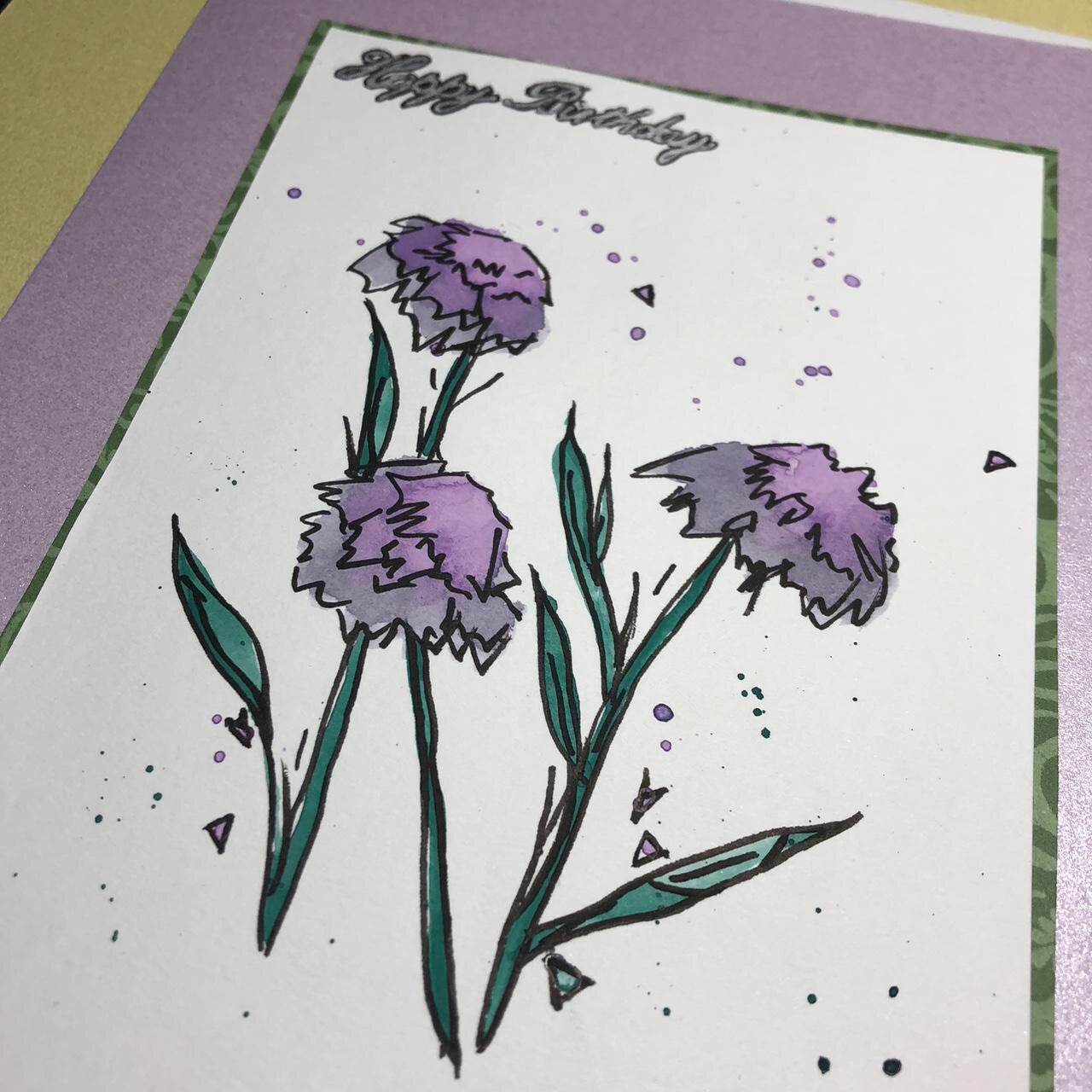 Purple spiky flower watercolour birthday card