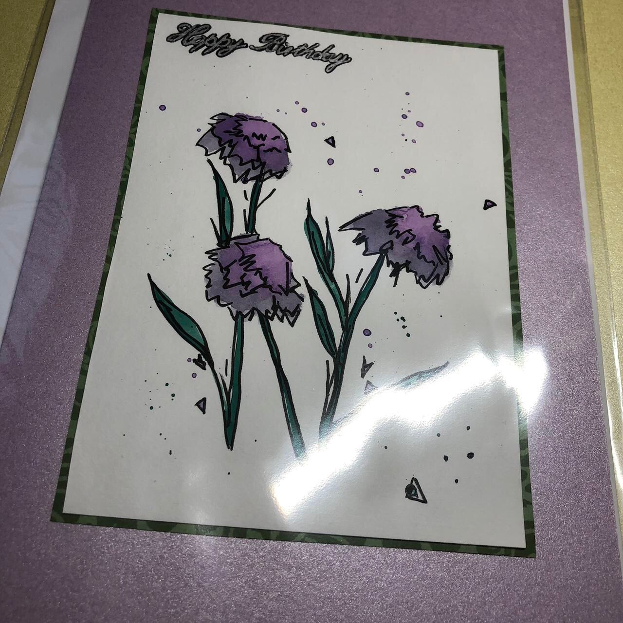 Purple spiky flower watercolour birthday card