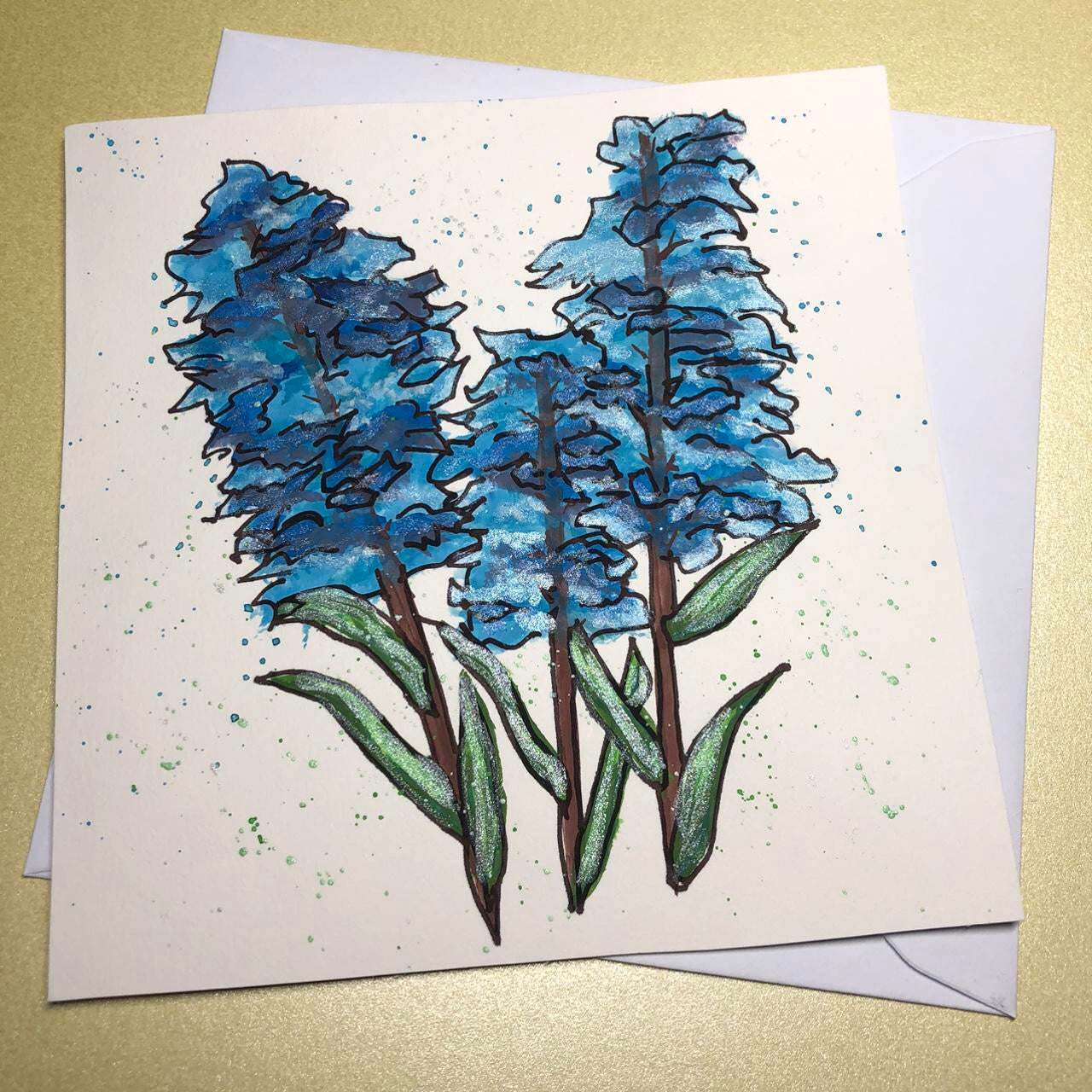 Blue flower watercolour and pen greeting card