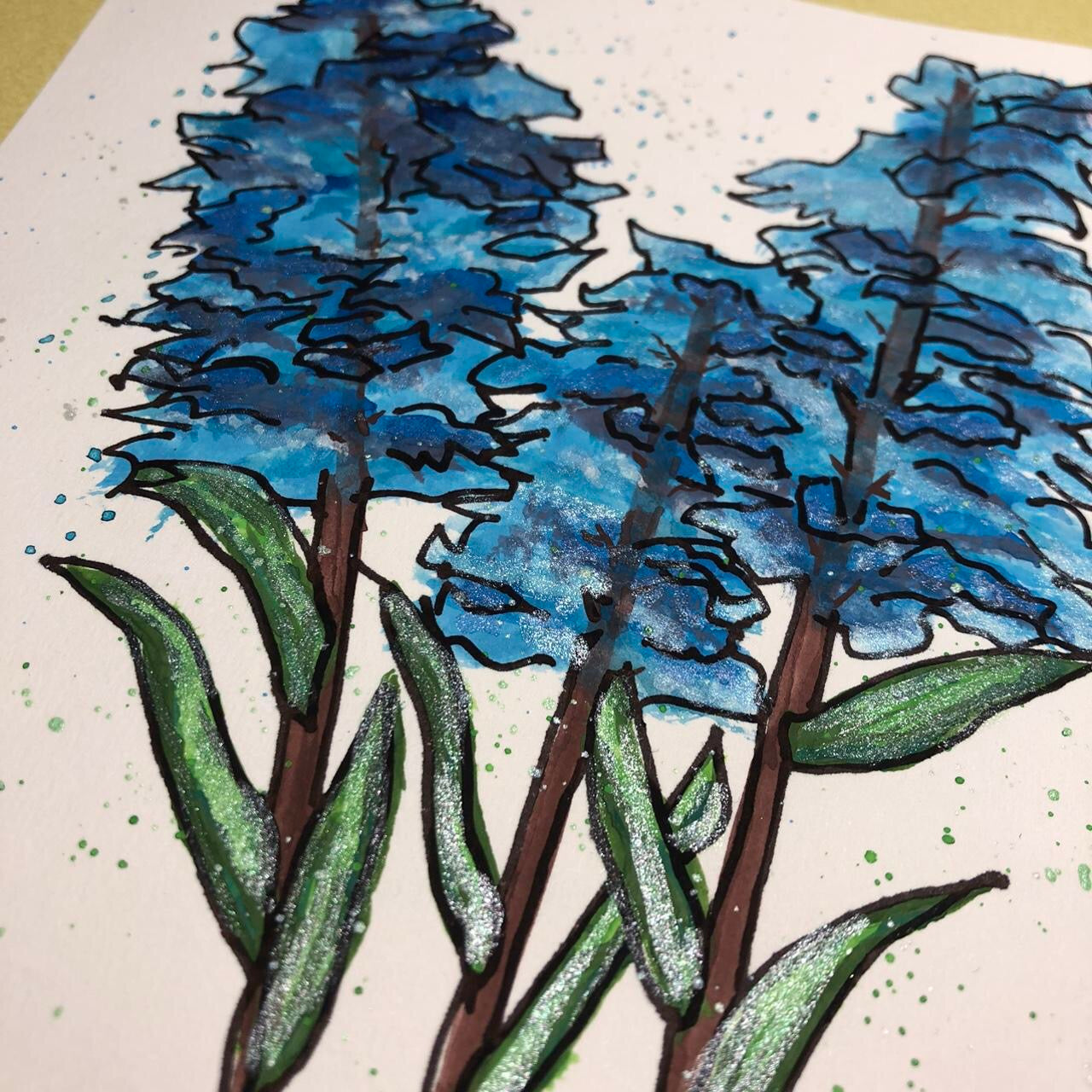 Blue flower watercolour and pen greeting card