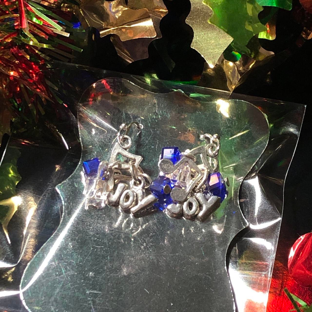 Three pairs Christmas earrings trees and Joy