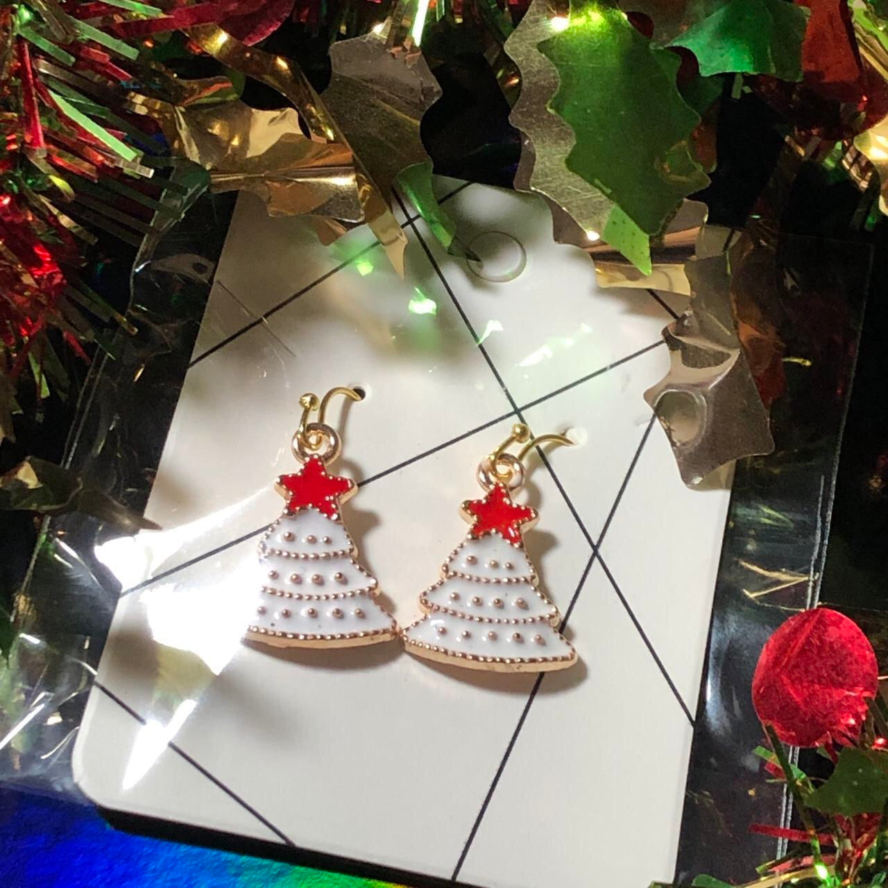 Three pairs Christmas earrings trees and Joy