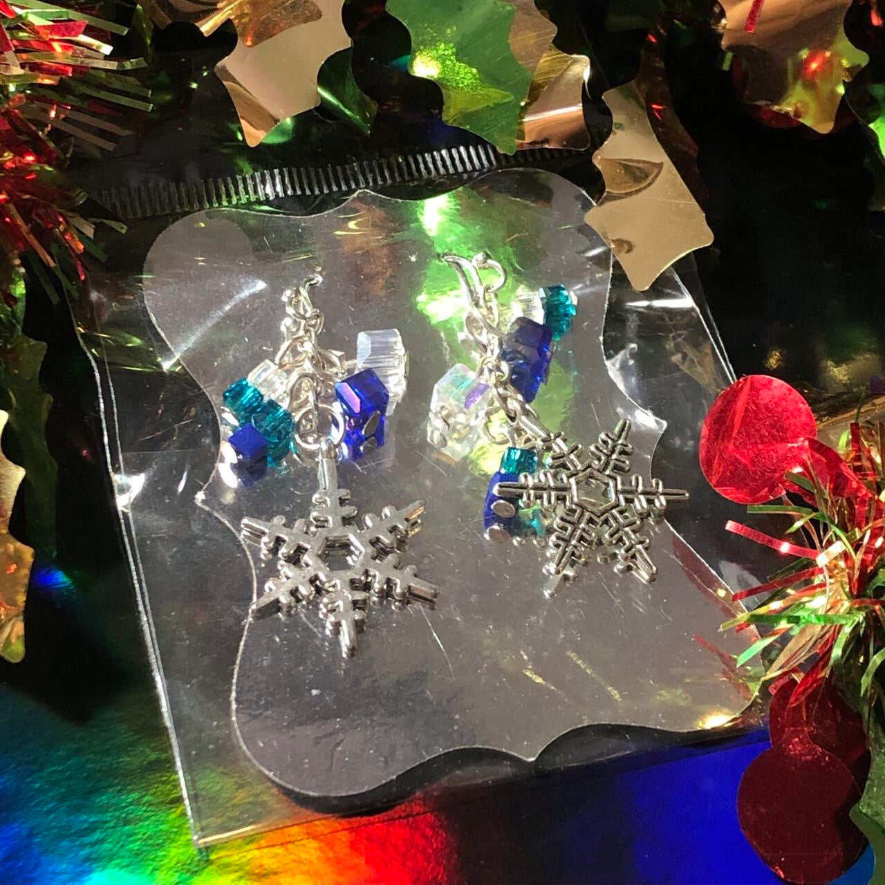 Three pairs Christmas earrings candy canes, snowflakes and wreaths