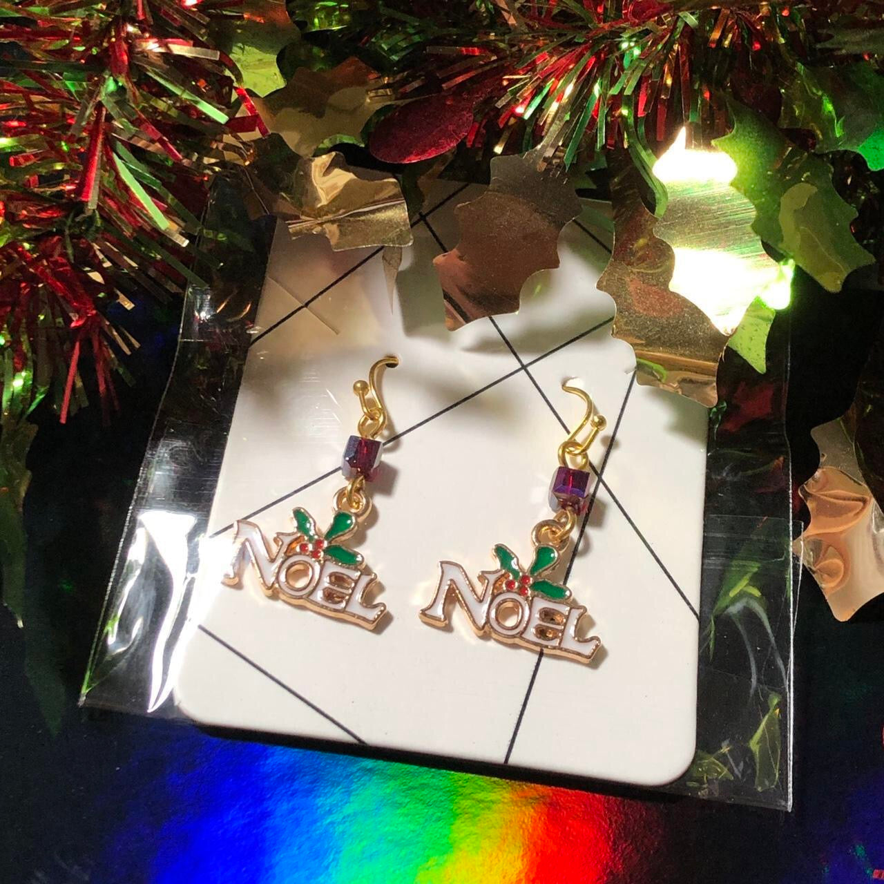 Three pairs Christmas earrings trees, reindeer and Noel