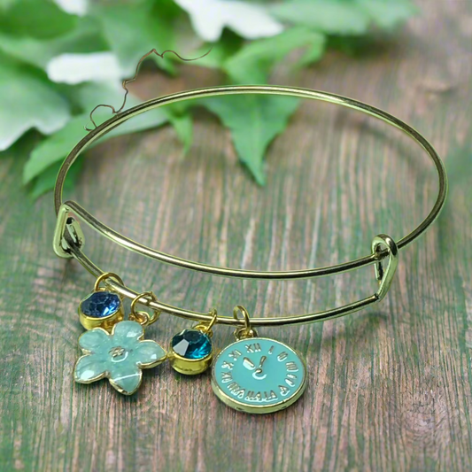 Customisable blue clock and flower expandable bangle