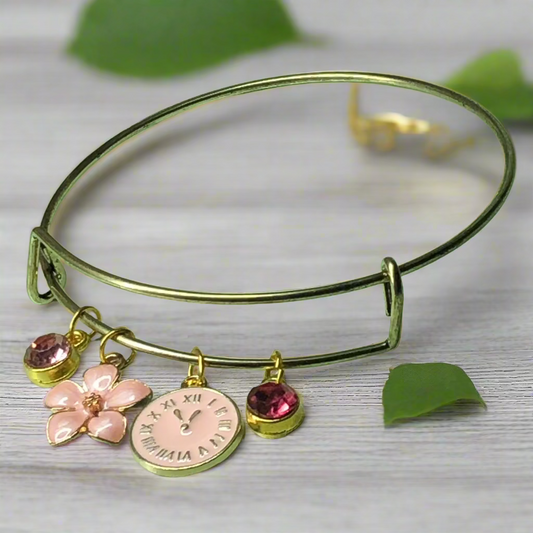 Customisable pink clock and flower expandable bangle