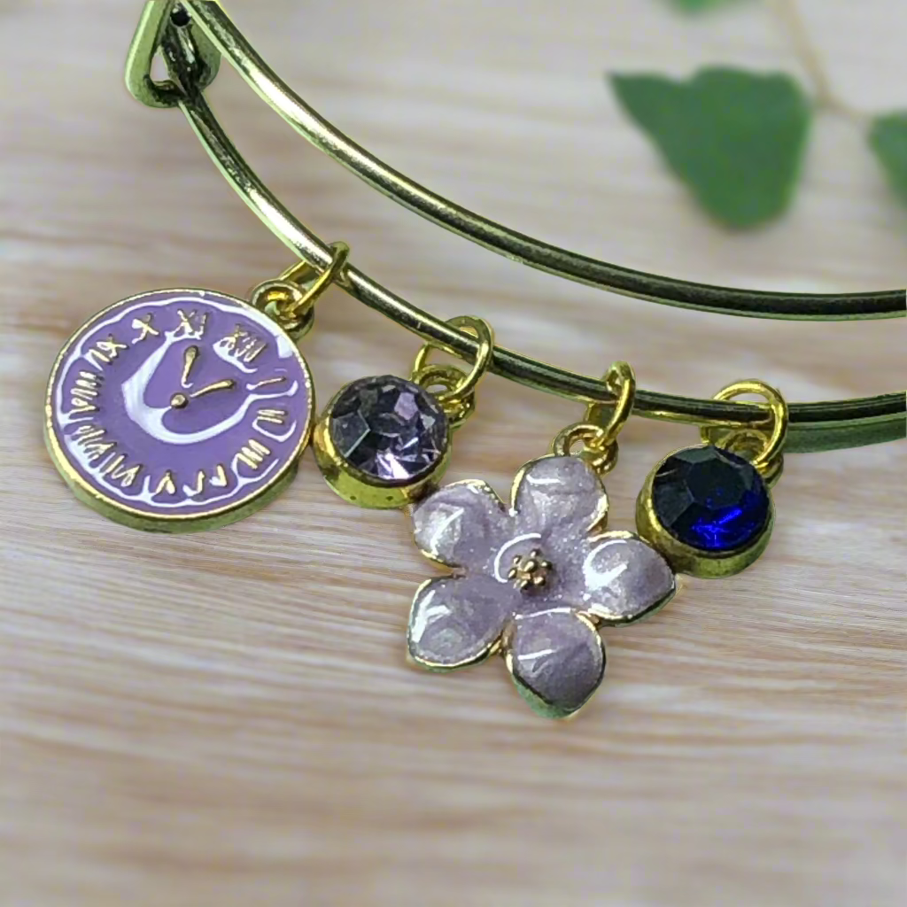 Customisable lilac clock and flower expandable bangle