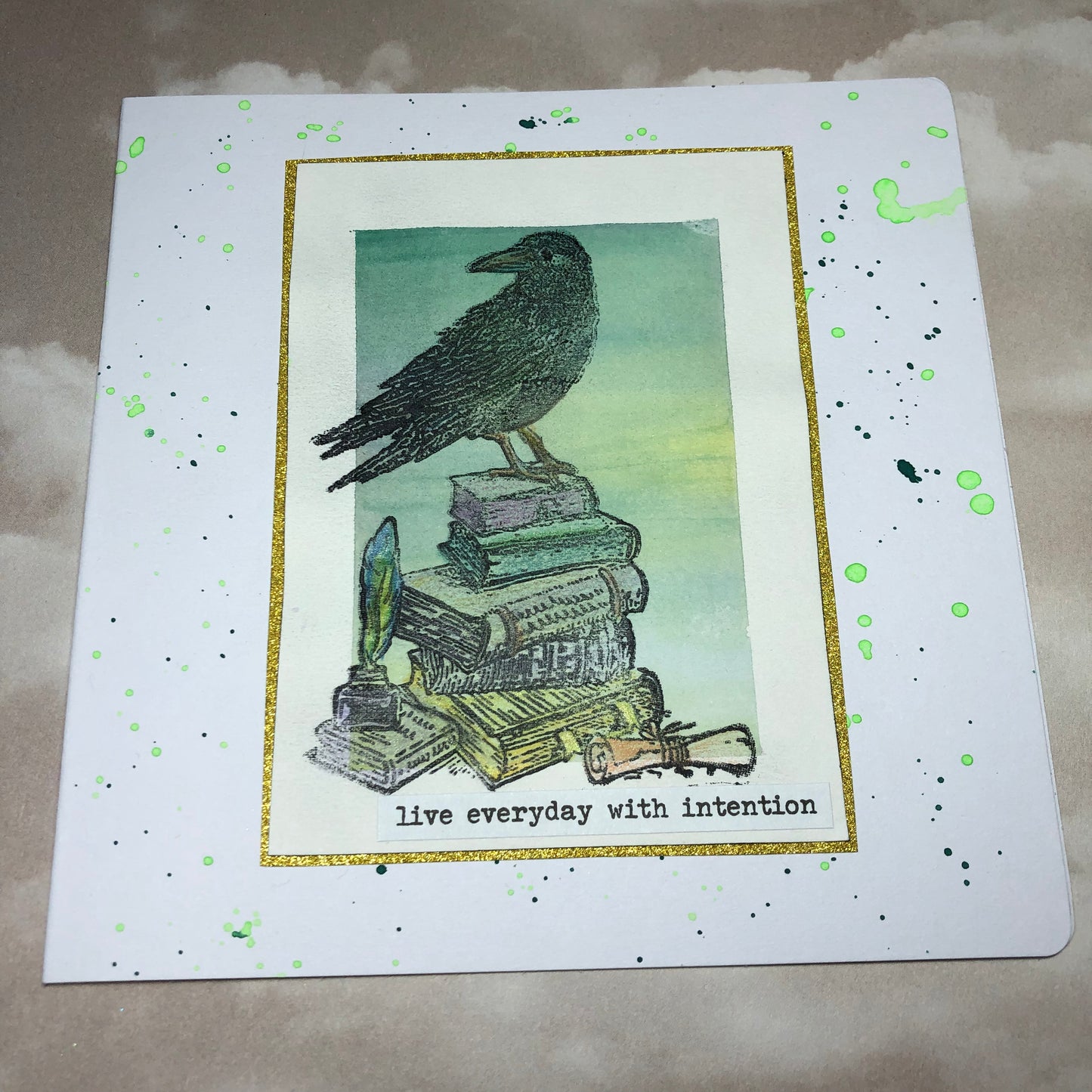 Raven and book watercolour greeting card