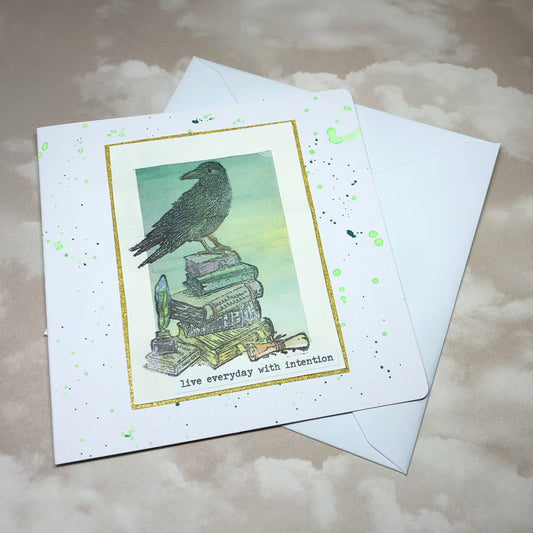 Raven and book watercolour greeting card