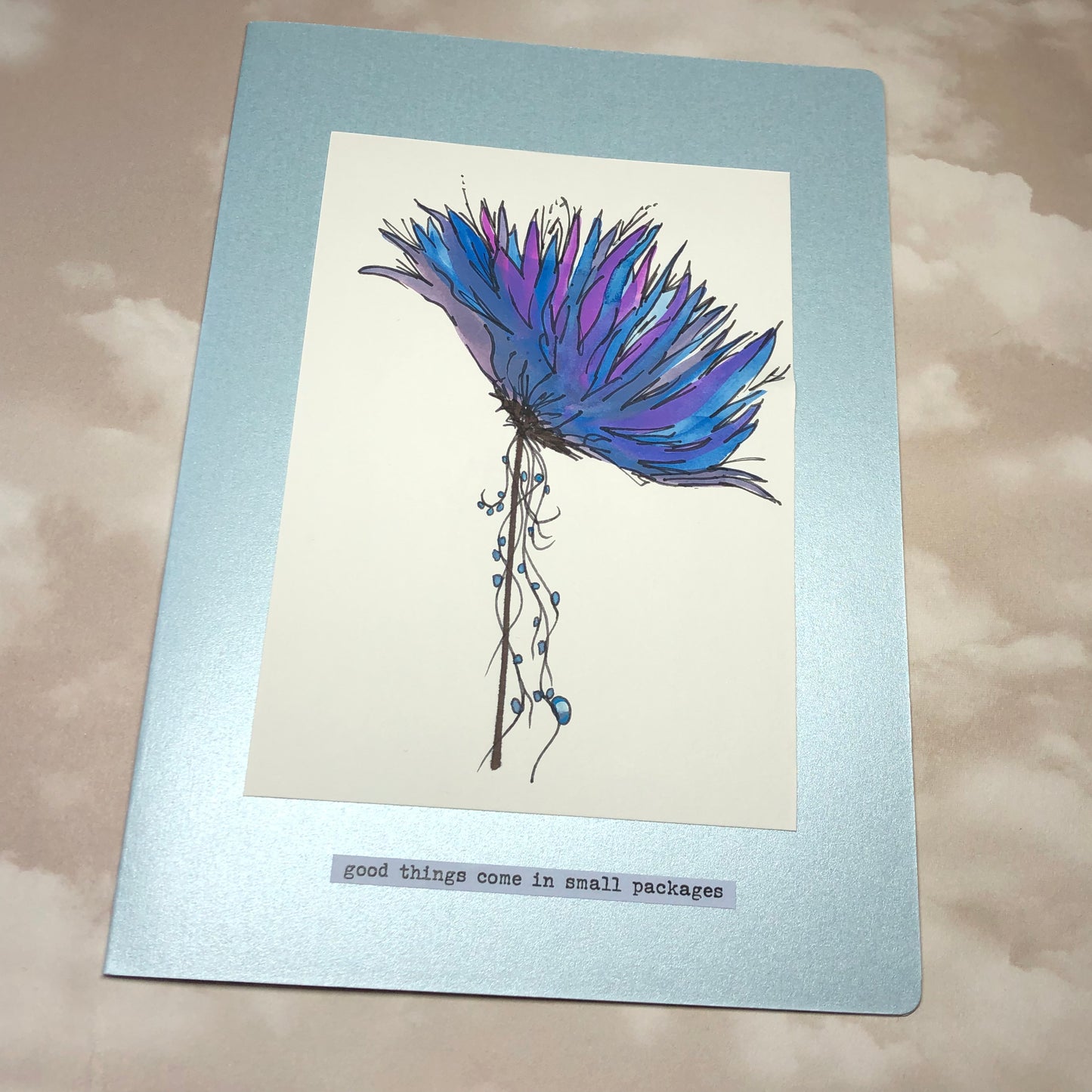 Spiky blue flower watercolour greeting card