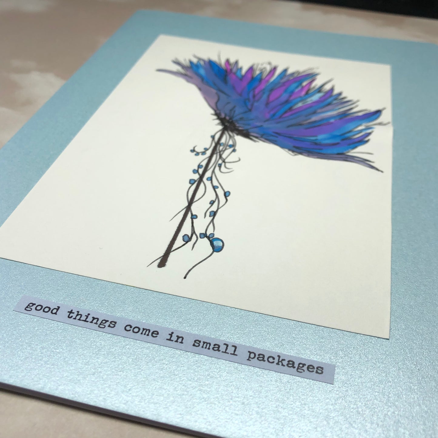 Spiky blue flower watercolour greeting card