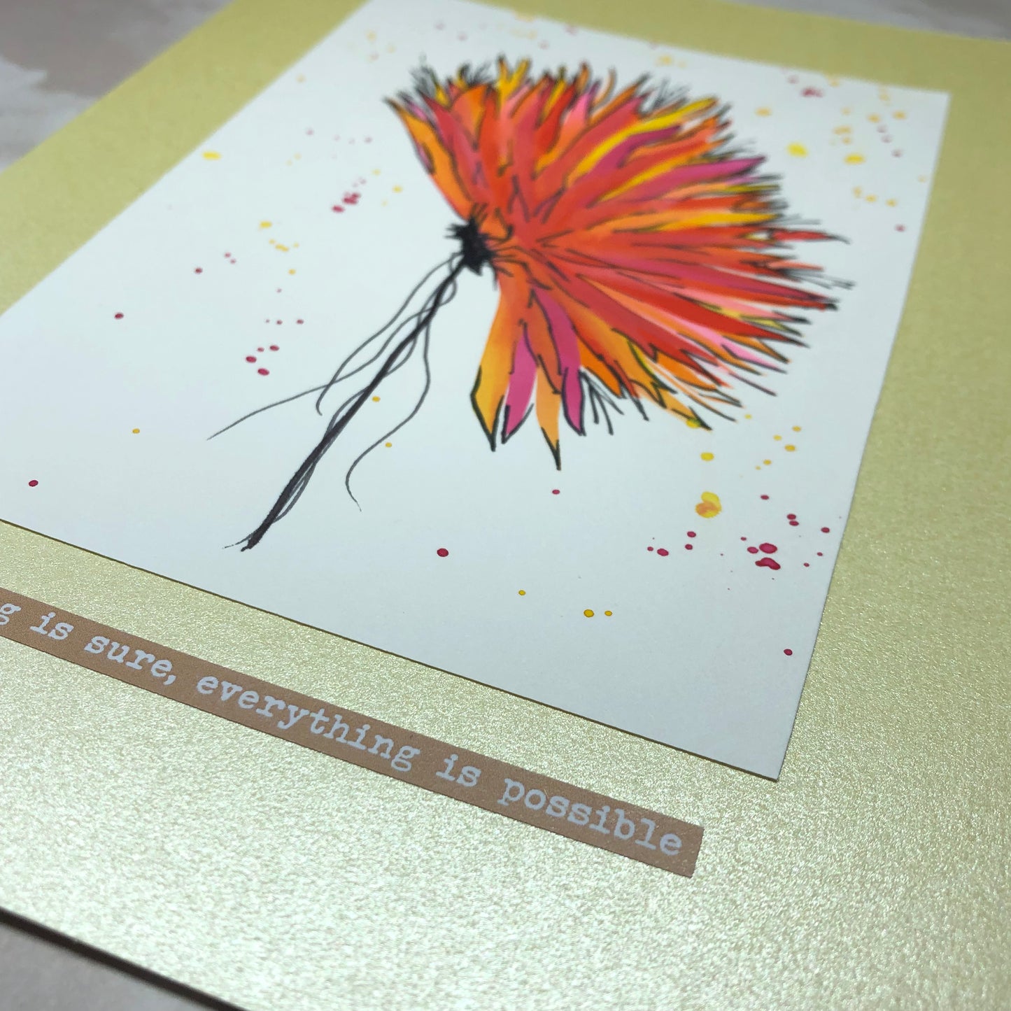 Spiky orange flower watercolour greeting card