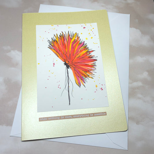 Spiky orange flower watercolour greeting card