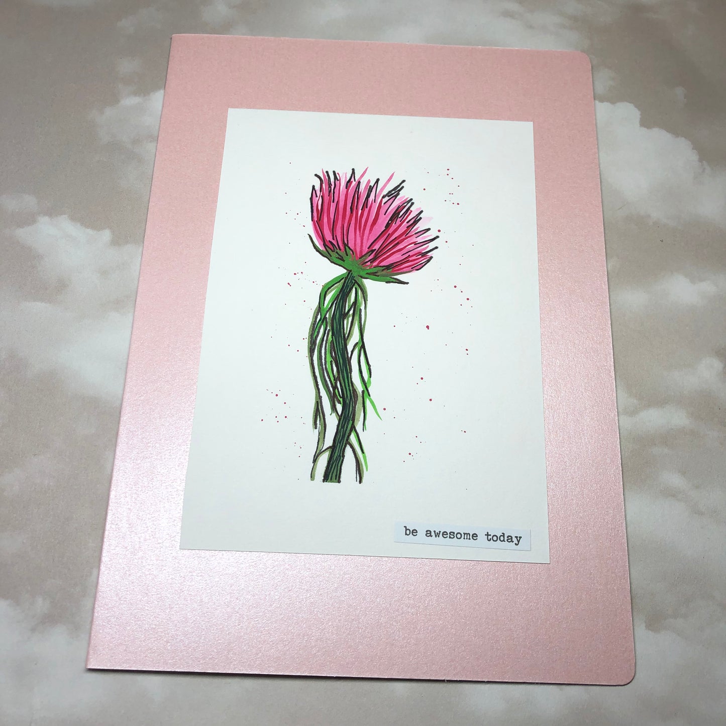 Pink spiky flower watercolour birthday card