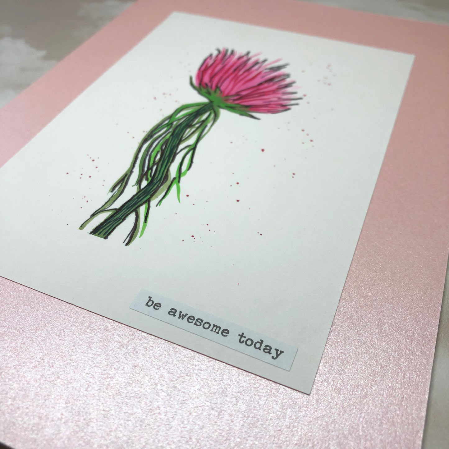 Pink spiky flower watercolour birthday card