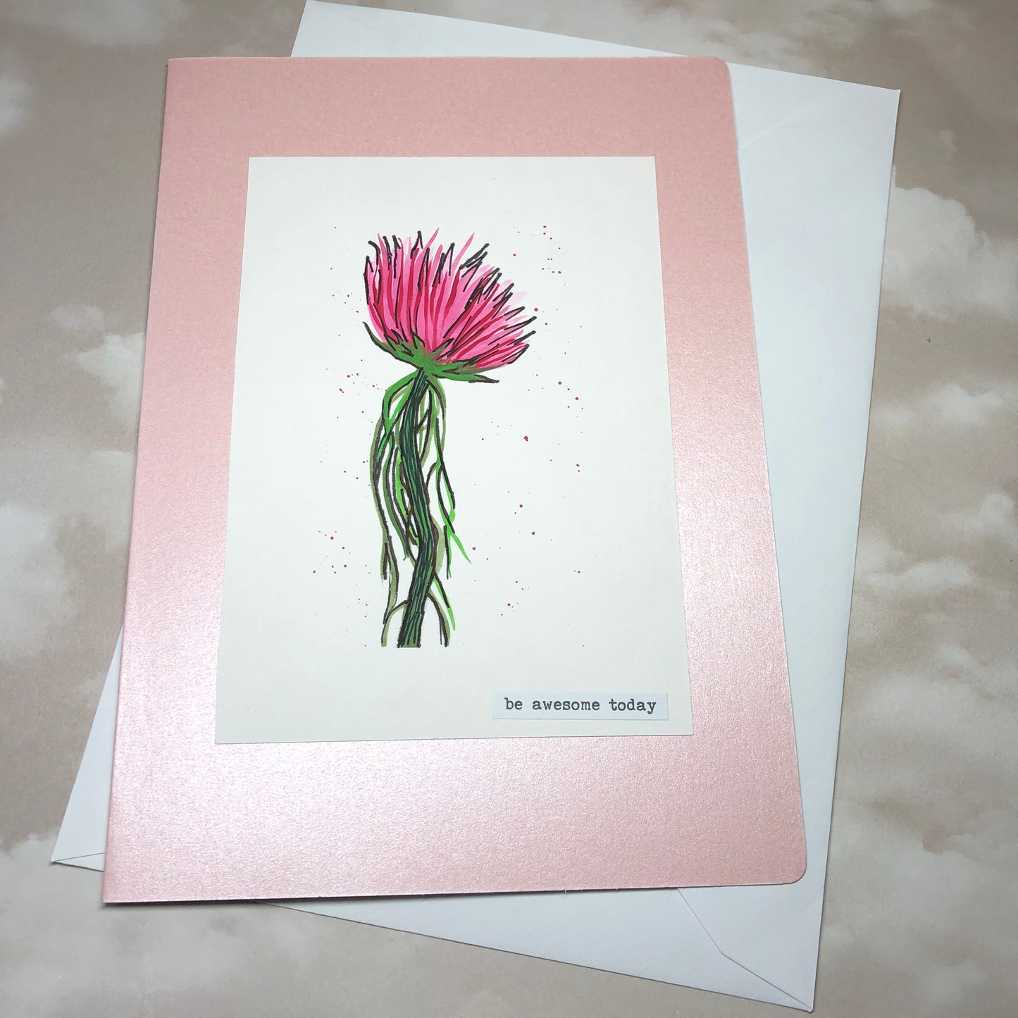 Pink spiky flower watercolour birthday card