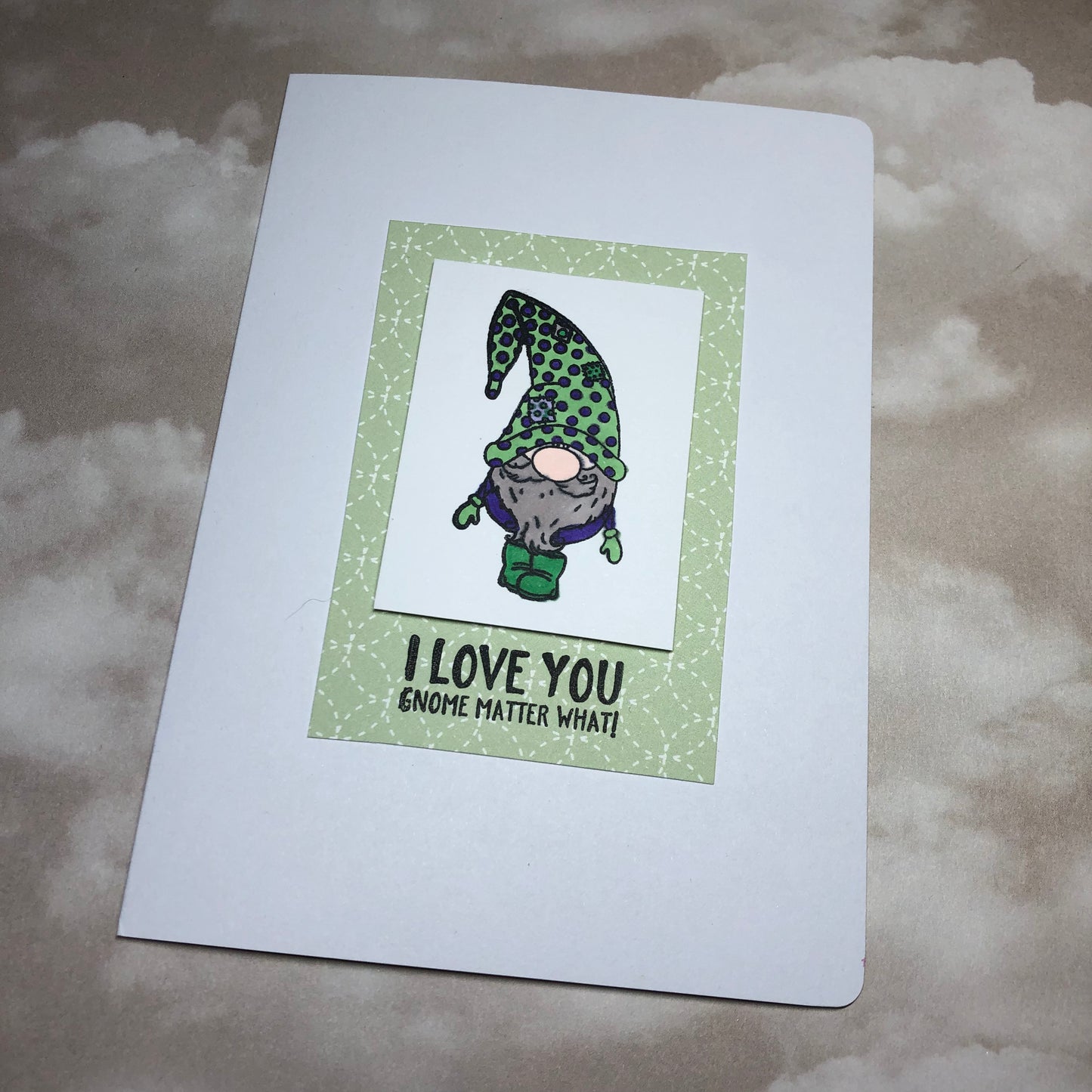 Green gnome heart card greeting card