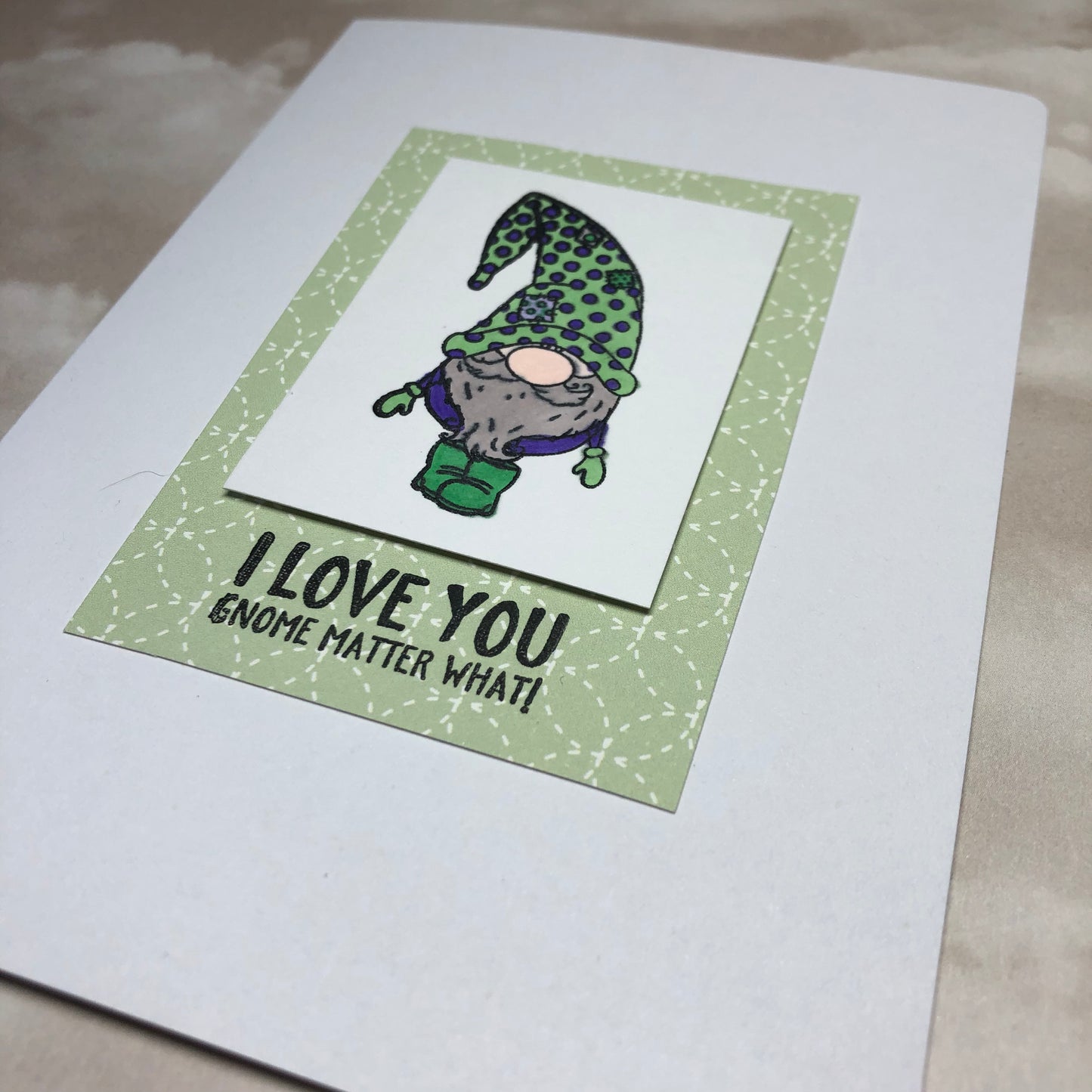 Green gnome heart card greeting card