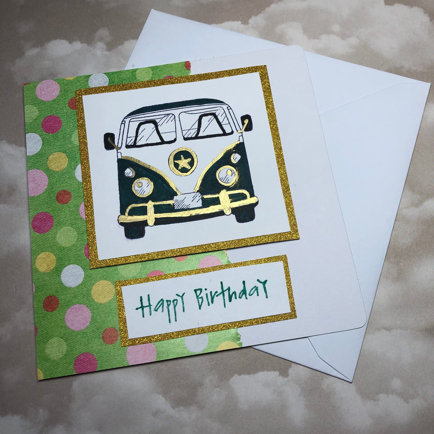 Green handmade campervan greeting card